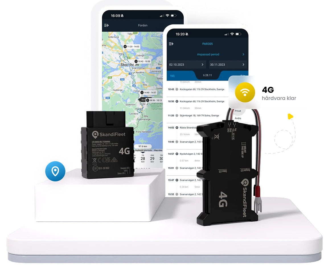 SkandiFleet elektronisk körjournal och flotthantering som visar mobilappen och hårdvaran för GPS-enheter